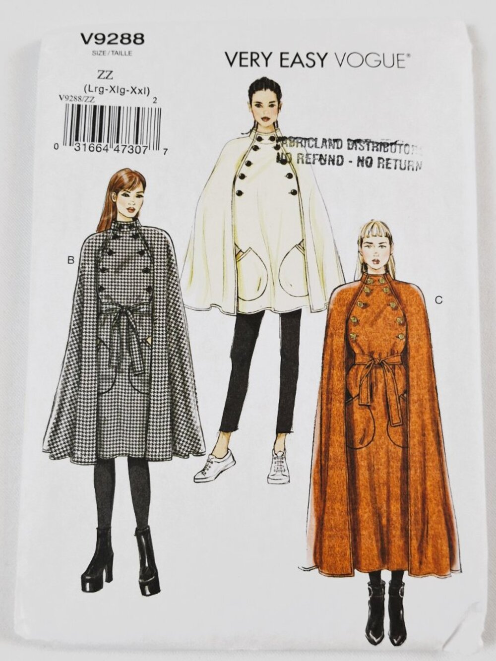 Vogue 9288 Sz L-XXL Unlined Belted Capes (Maxi, Midi, Short) Pattern Uncut